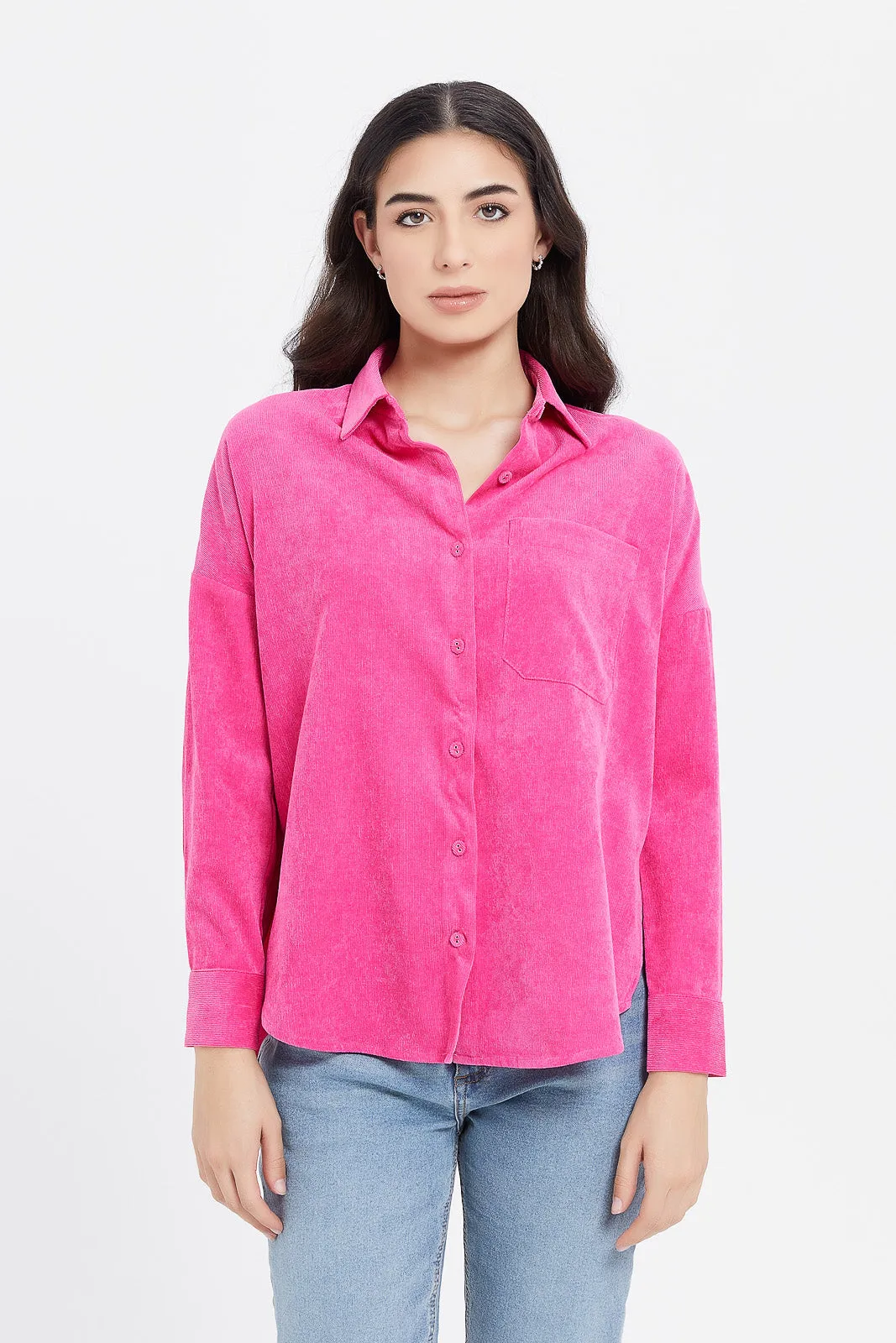 Women Pink Corduroy Over Sized Shirt