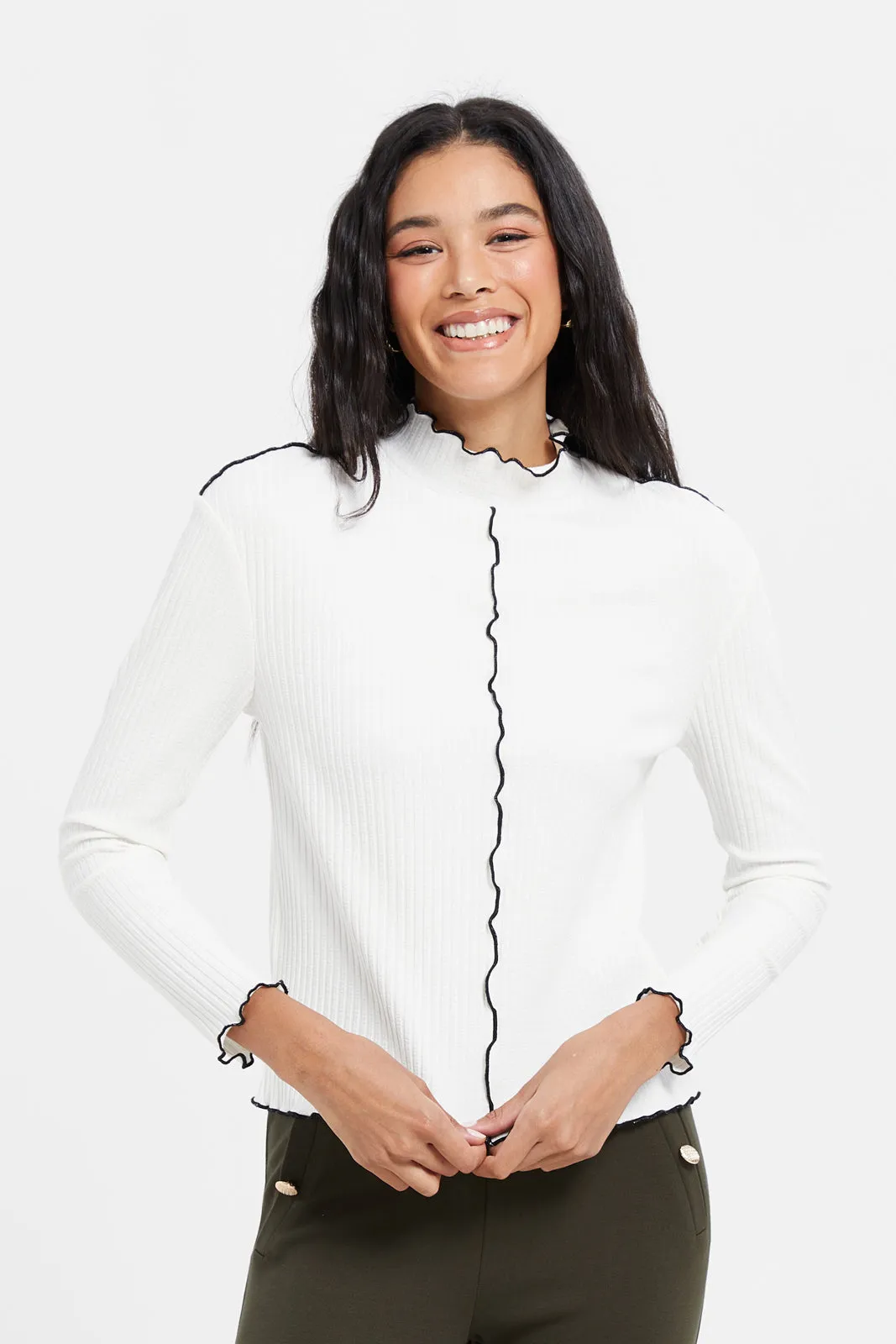 Women White Ribbed High Neck Top