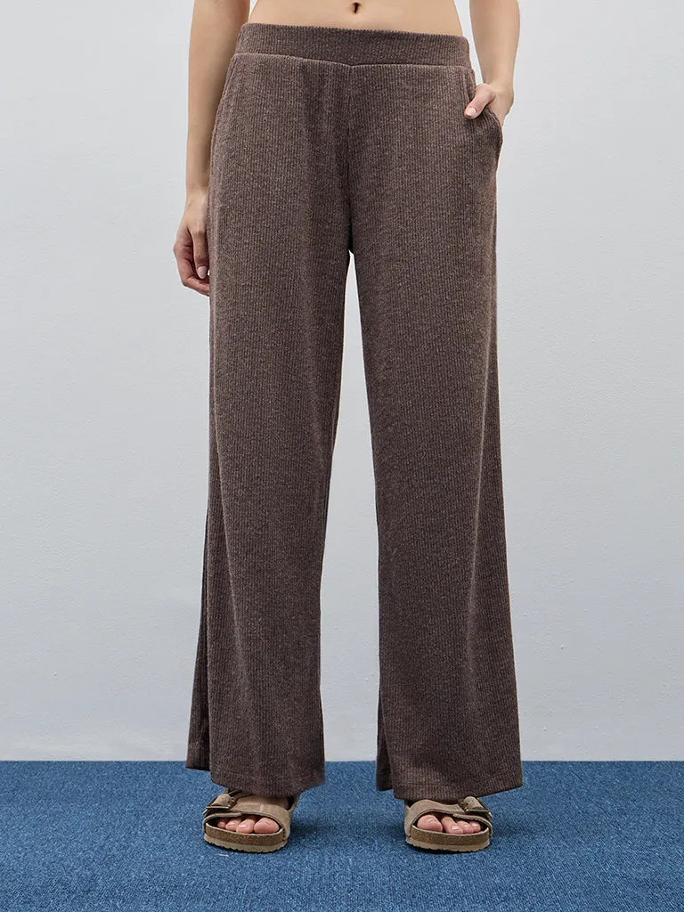 Wunderlove Dark Brown Ribbed High-Rise Lounge Pants